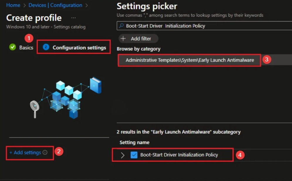 Settings picker: Early Launch Antimalware, Boot-Start Driver Initialization Policy